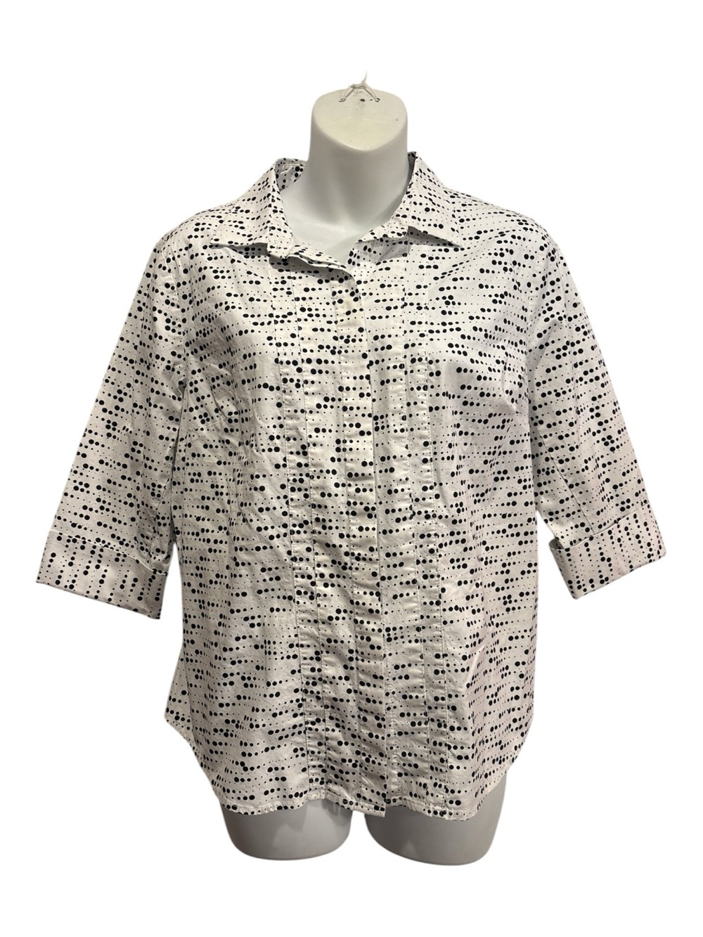 Worthington White Button-Up Shirt with Black Dot Pattern size Petite Large